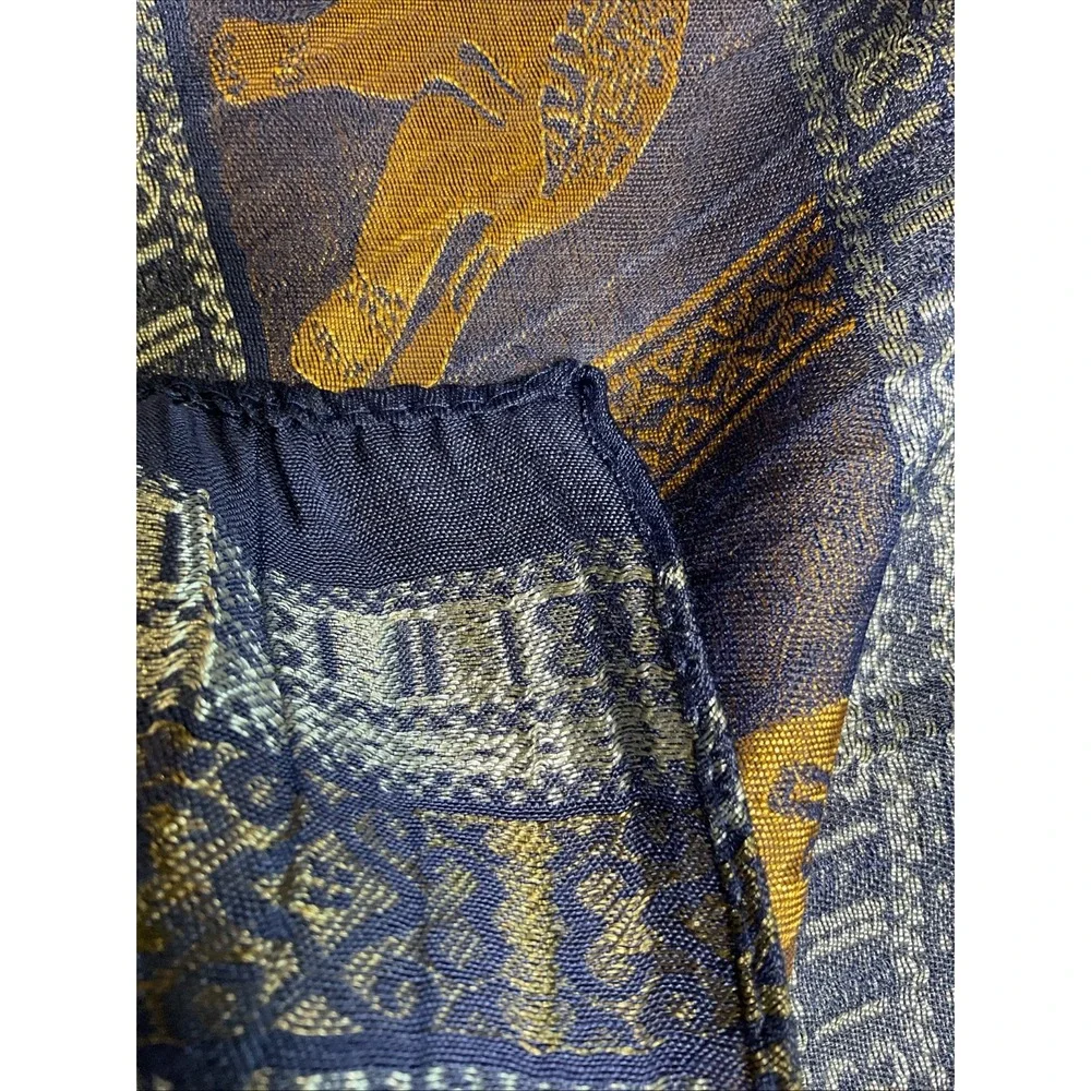 100% Silk Scarf Shawl Elephants 66 X 20 Art To Wear Lagenlook Tribal Shiny